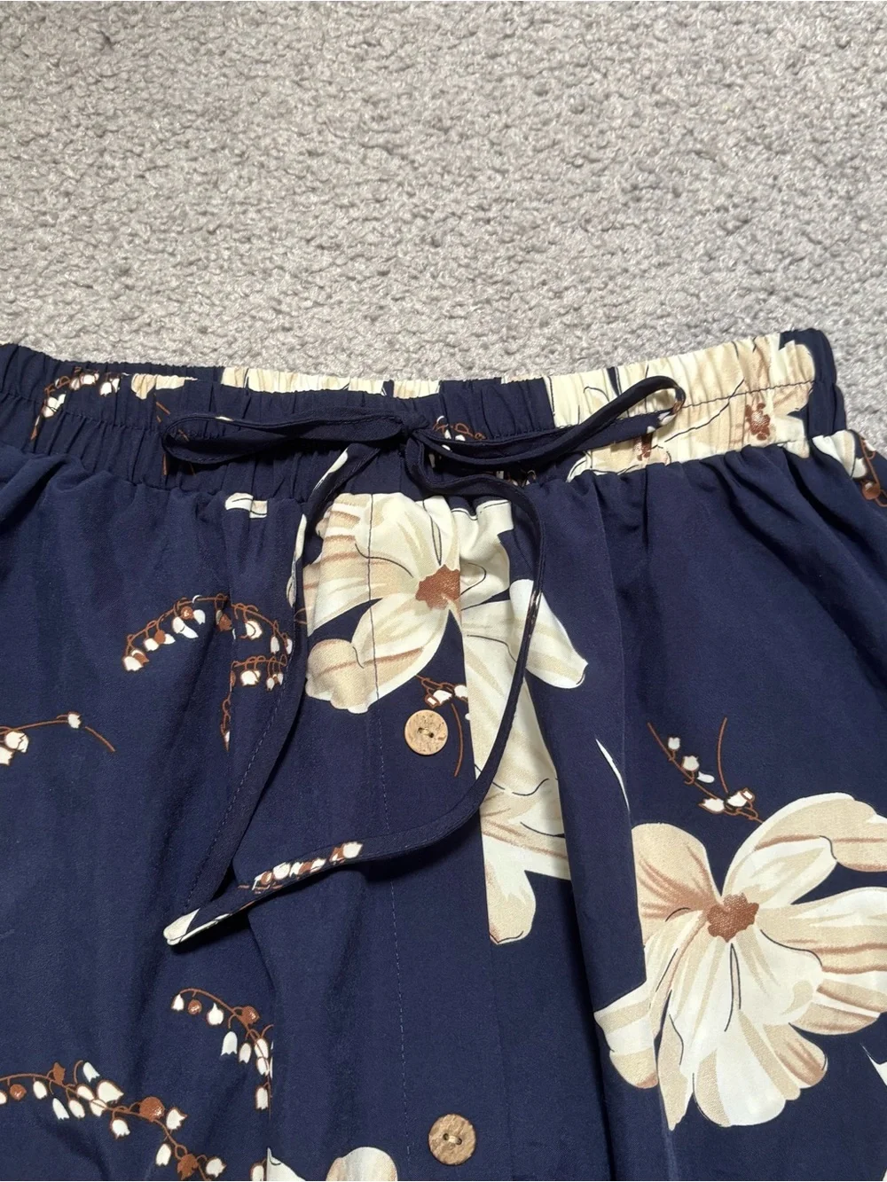 SHEIN Navy and Cream Floral Midi Skirt with Button Accents
